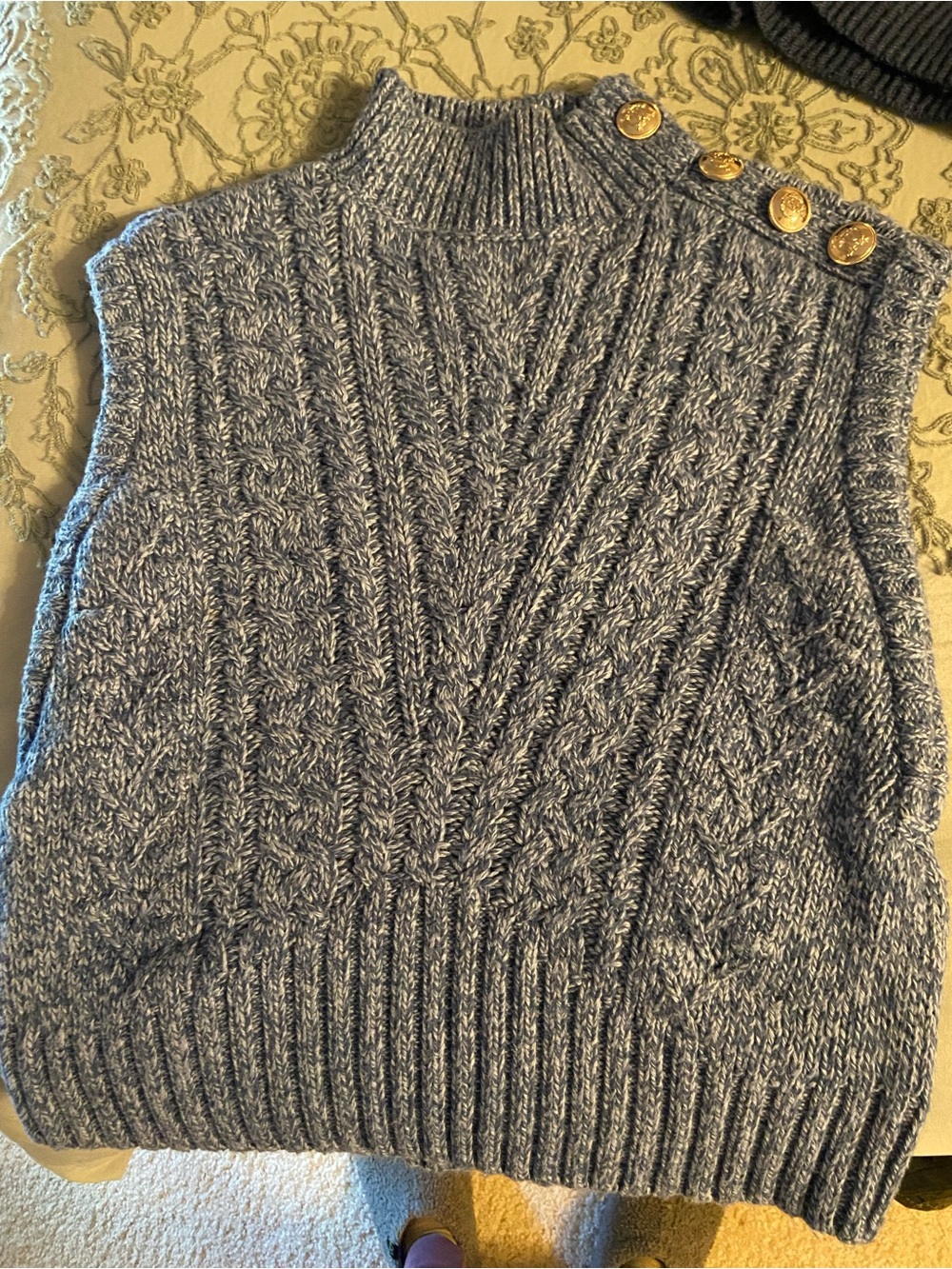 Talbots Blue-Gray Cable Knit Sleeveless Mock Neck Sweater Vest with Gold Buttons
